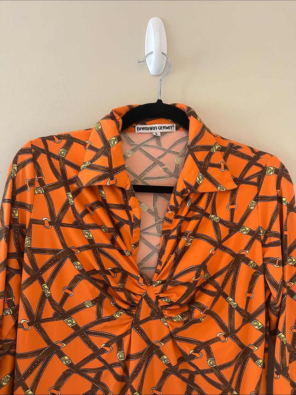 Barbara Gerwit Orange Equestrian Belt Printed V-Neck Dress Sz Small Fall Chic - Picture 3 of 5